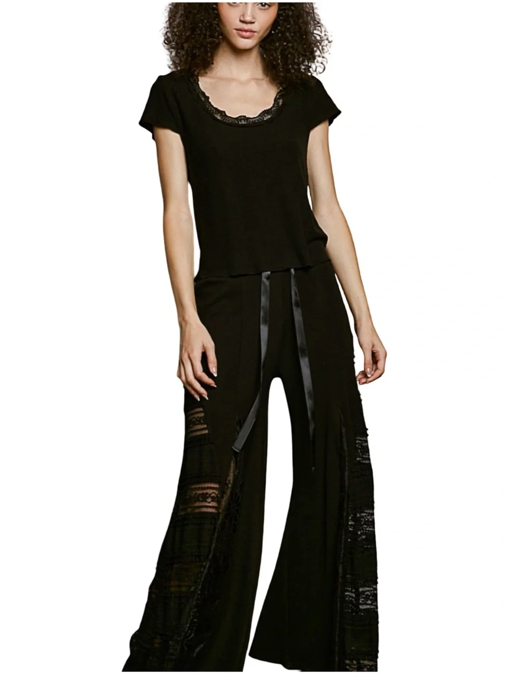 ▪️🔲◾️POL Black Wide-Leg Lace-Panel Pants with Satin Waist Tie ◾️🔲▪️ - Picture 2 of 14